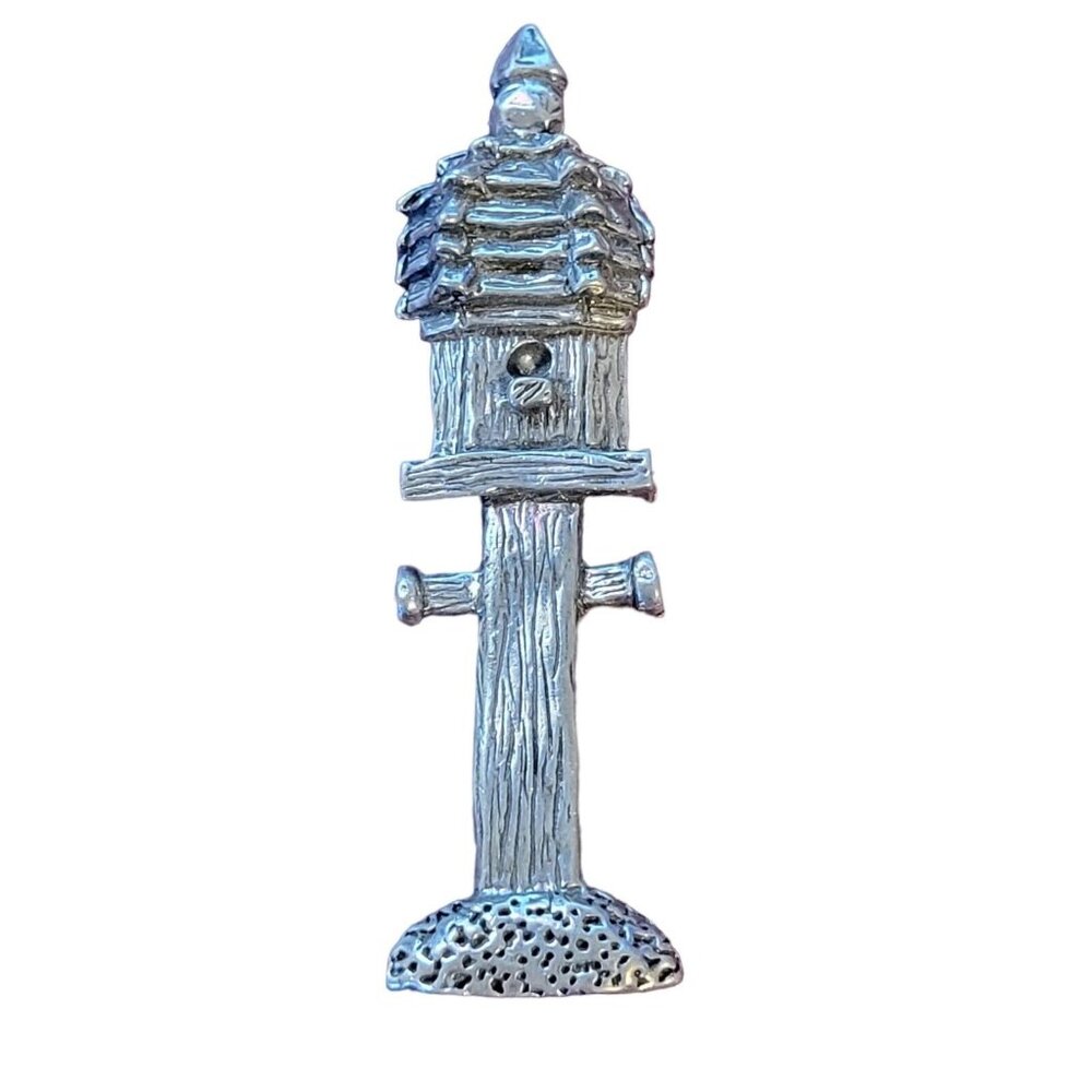 Sheridan Birdhouse Pewter Brooch Pin Textured Vintage Outdoor on Stand